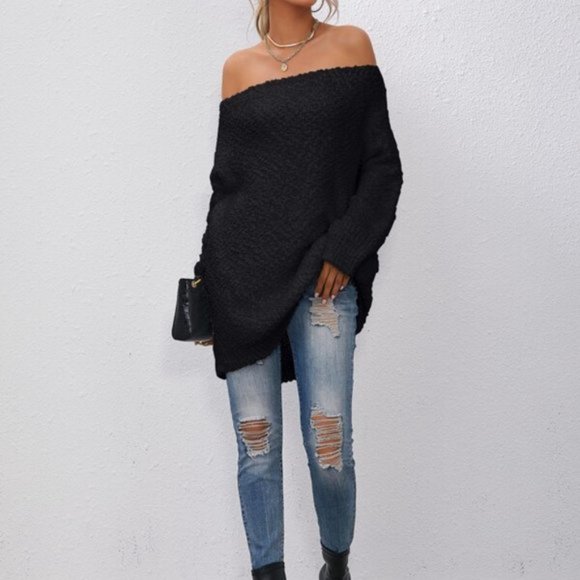 Comfy Off Shoulder Popcorn Knit Sweater BLACK - Picture 2 of 6
